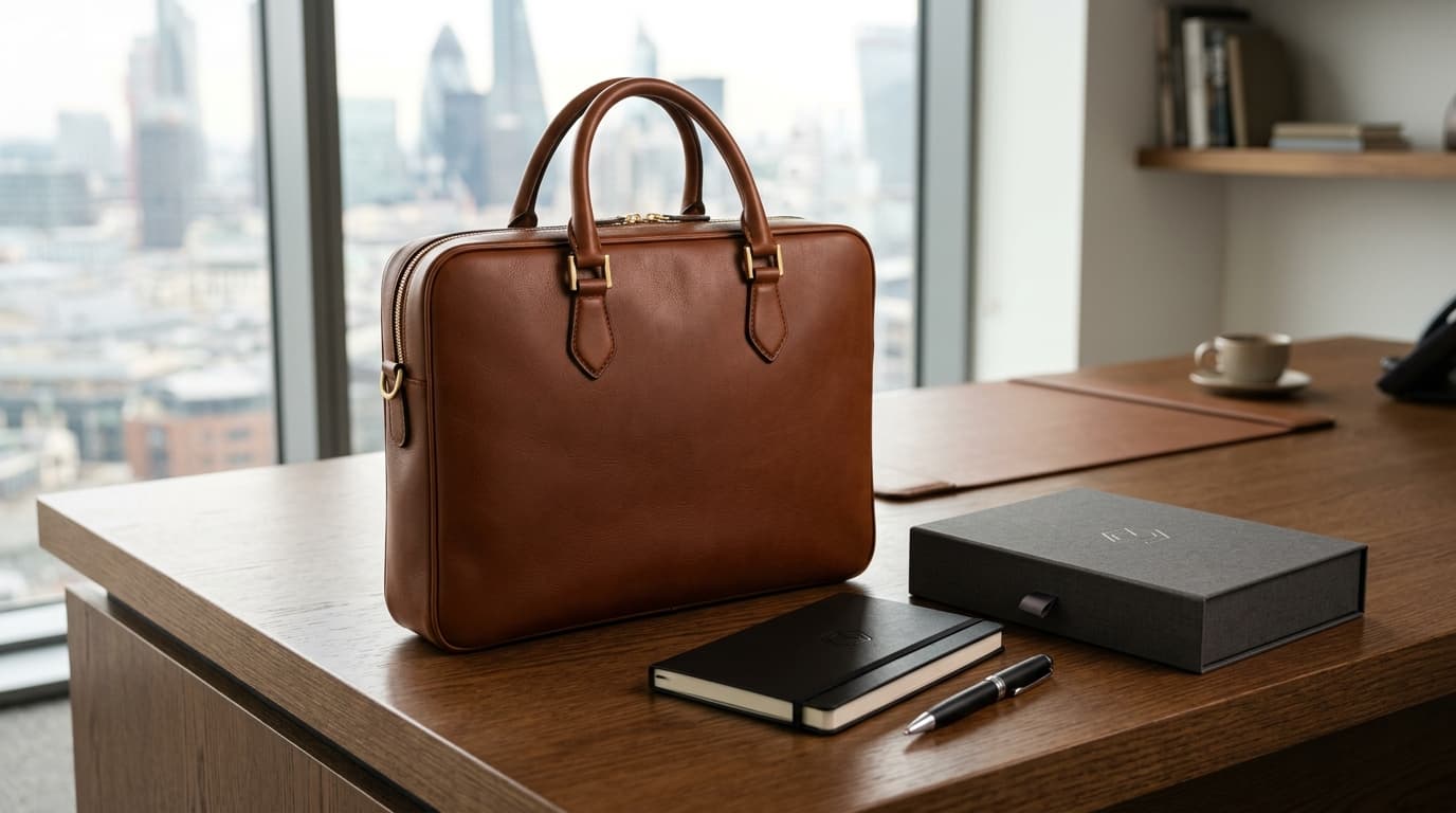 Curated corporate gifting bags and executive briefcase desk setup