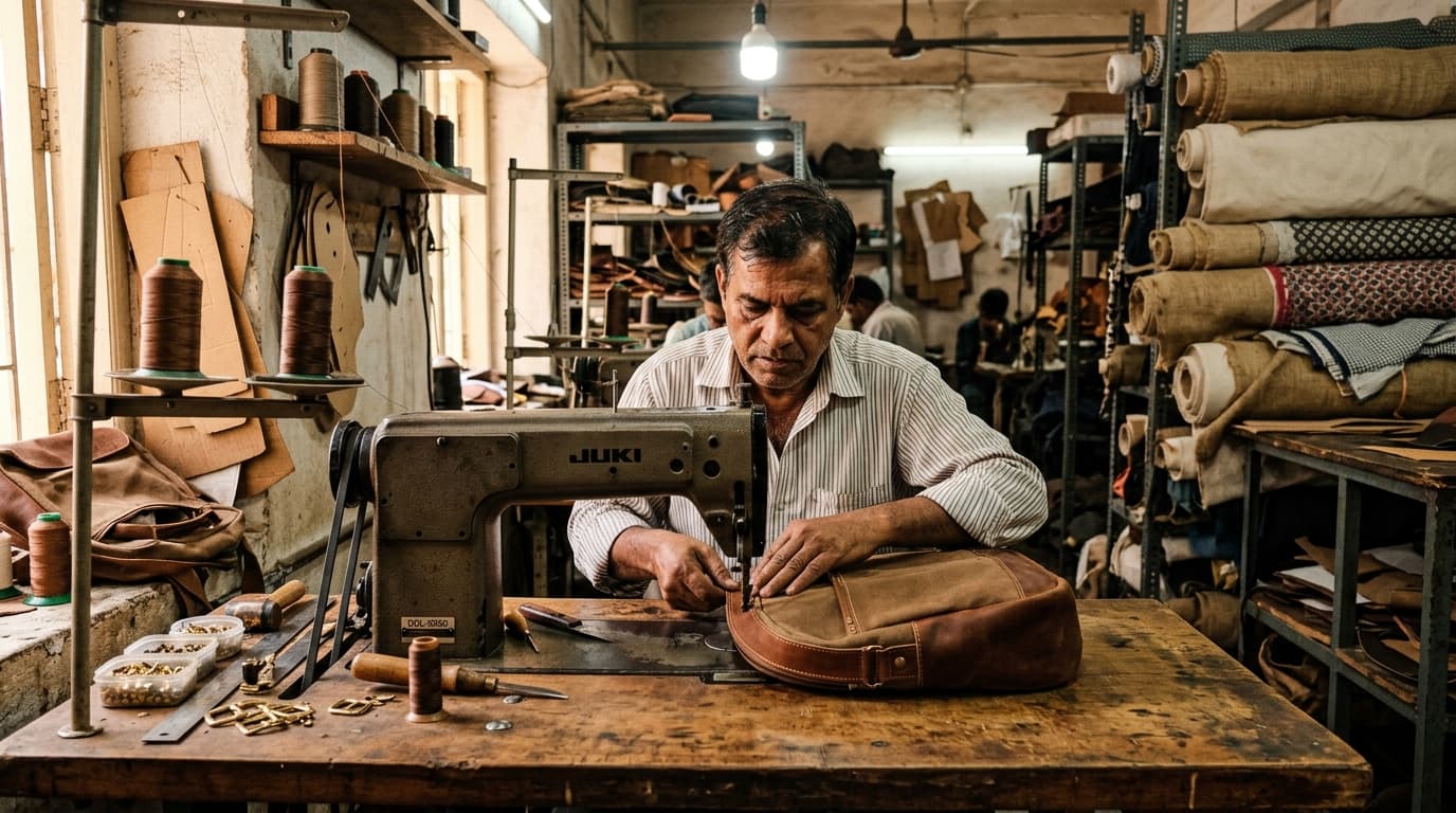 Artisan leather craftsman stitching custom bags in Mumbai manufacturing workshop