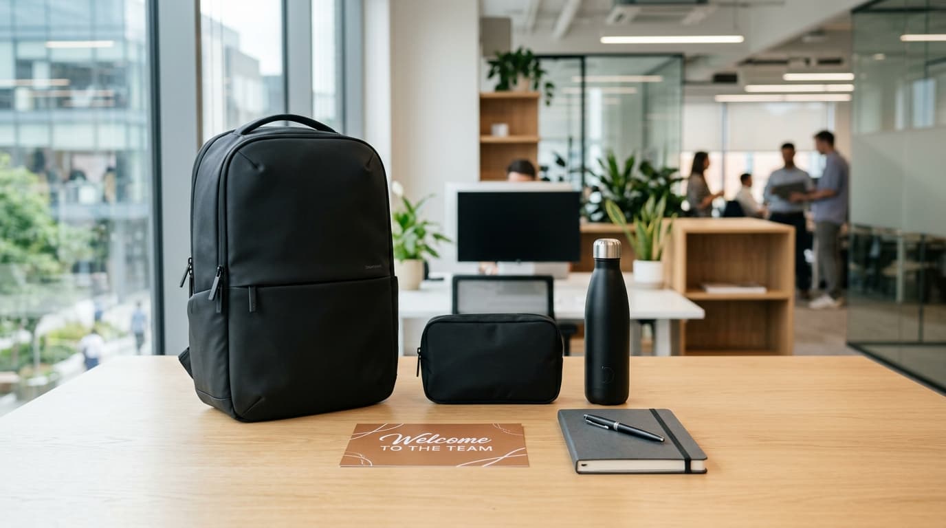 Modern corporate employee welcome kit with sleek laptop backpack and accessories