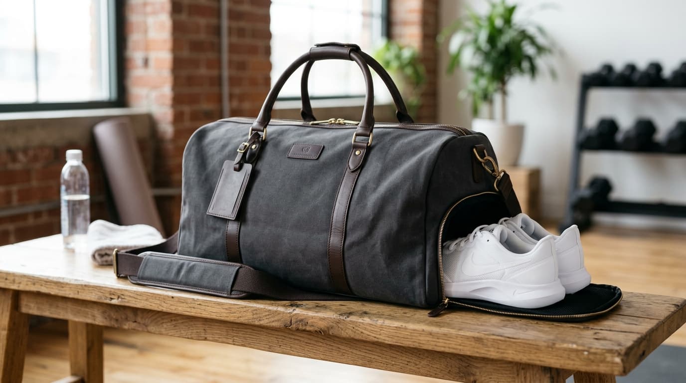 Custom travel and gym duffle bag showing dedicated ventilated shoe compartment