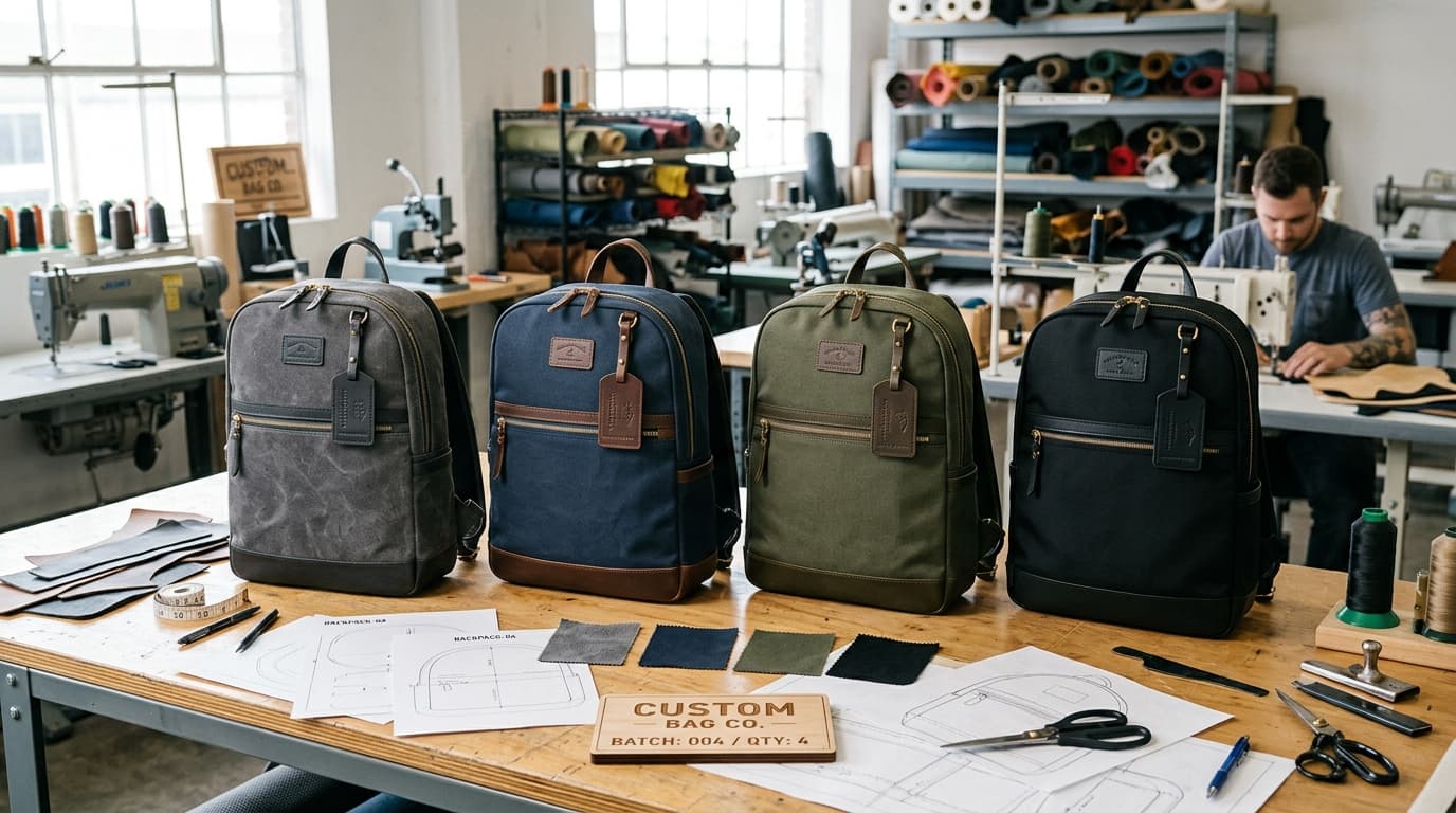 Small batch 50-piece custom private label bags on workshop production table